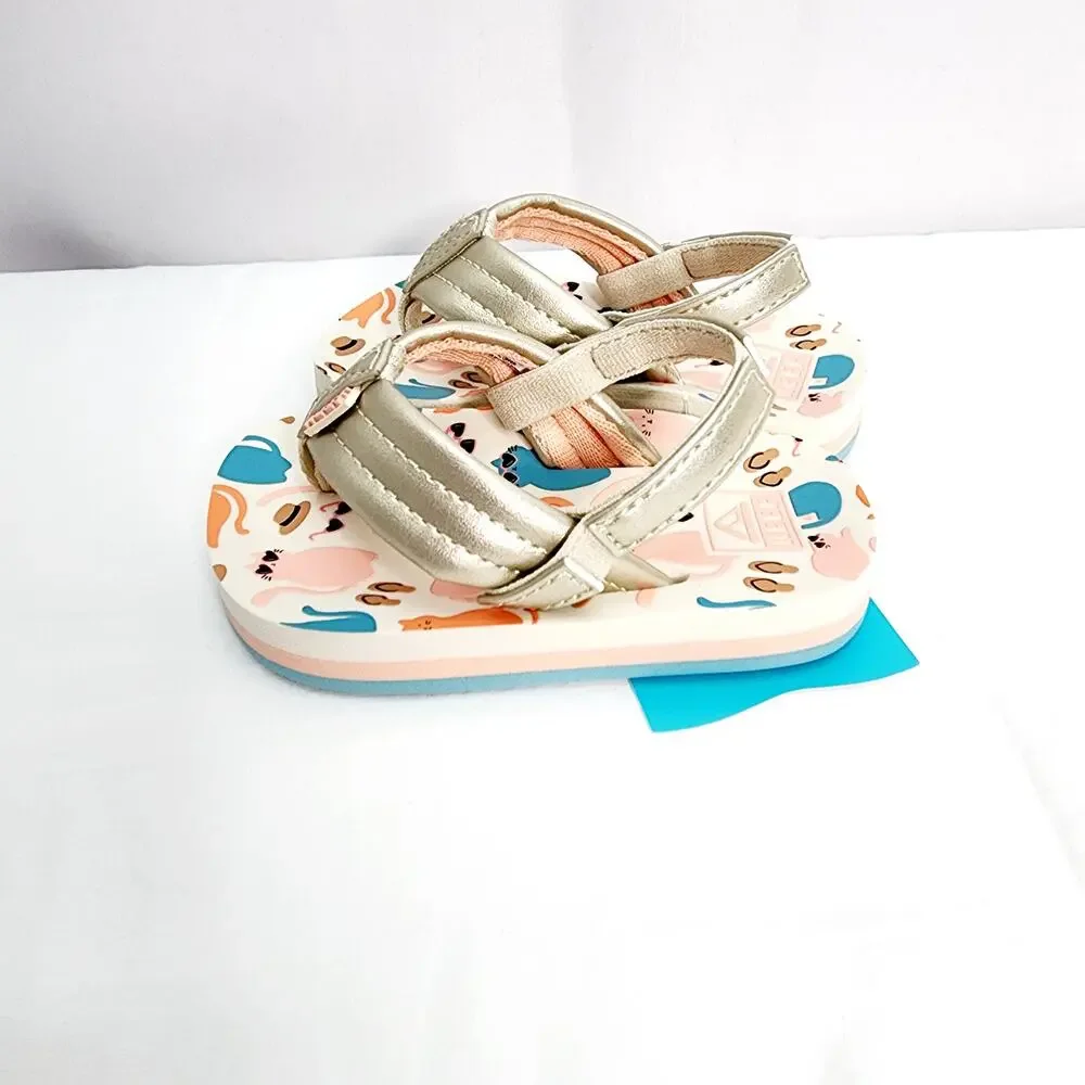 Reef Little Ahi Toddler Sandals Size 4 Gold Cat Print Slip On Summer Beach